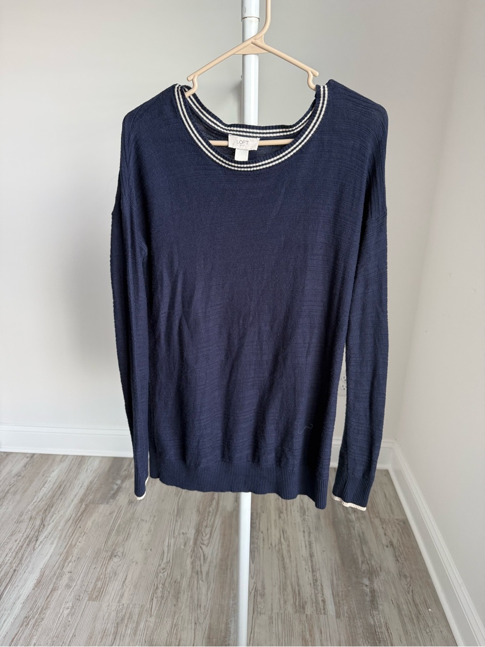 LOFT Navy Crewneck Sweater with White Contrast Trim